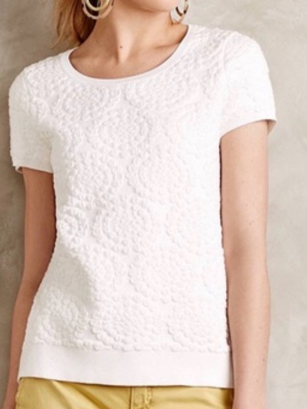 Anthropologie Moth Creamy White Textured Short-Sleeve Scoop Neck Top